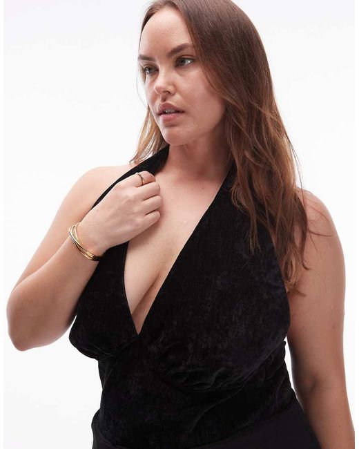 ASOS Black Asos Design Curve Textured Velvet Halterneck Top