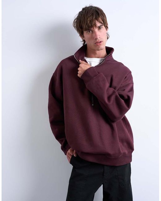 Topman Purple Premium Oversized Fit Quarter Zip Funnel Neck for men