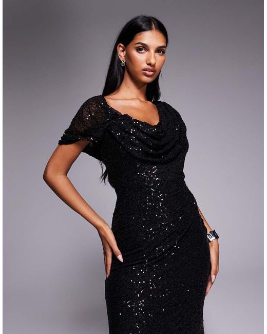 Goddiva Black Sequin Cowl One Shoulder Maxi Dress