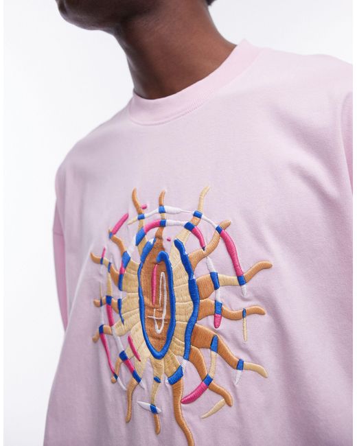 T-shirt super oversize slavato con sole ricamato di Topman in Pink da Uomo