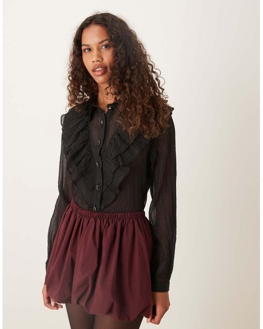 Sister Jane Black Kelly Sheer Ruffle Button Through Shirt