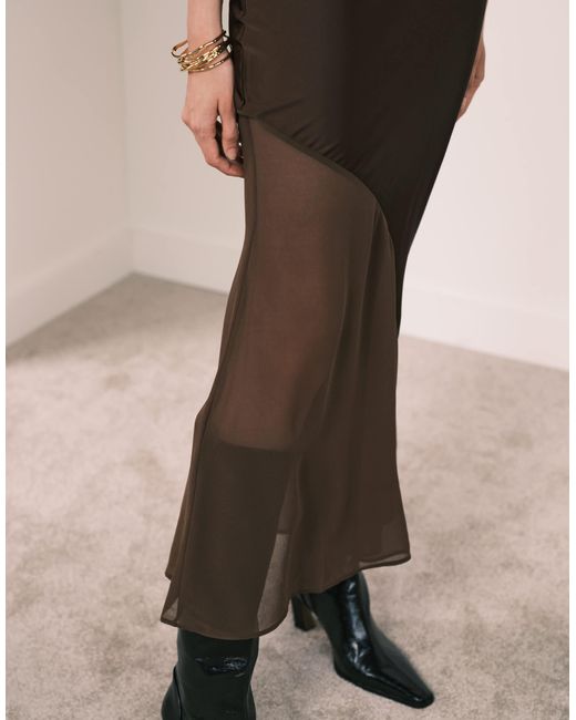 New Look Brown Satin And Chiffon Bias Midi Skirt