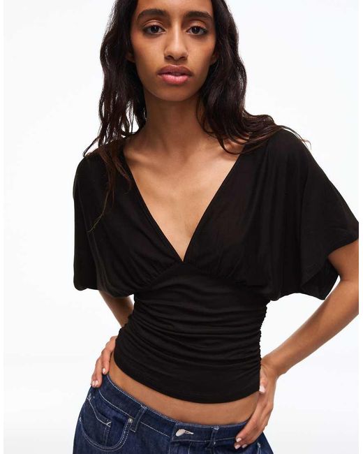 Bershka Black Ruched V-neck T-shirt