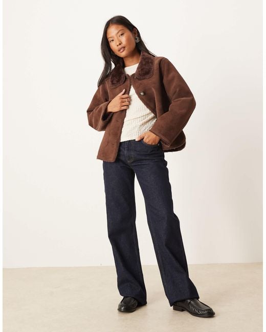 ASOS Brown Asos Design Petite Funnel Neck Faux Suede Bonded Jacket