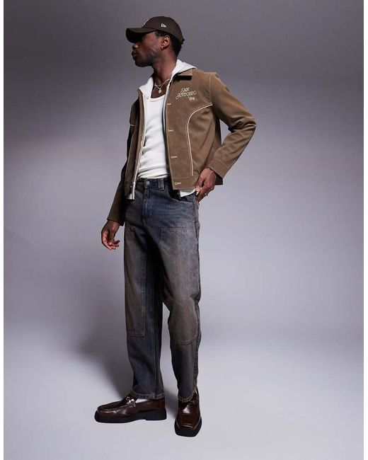 ASOS Blue Regular Harrington Faux Suede Embroidered Jacket for men