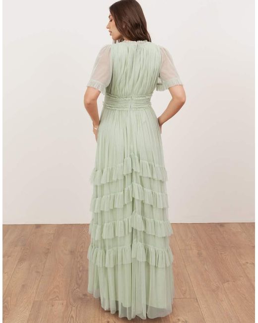 ANAYA Green V Neck Ruffle Tulle Maxi Dress
