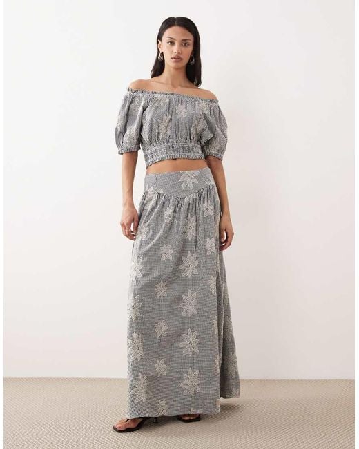 Y.A.S Gray Floral Embroidered Milkmaid Style Crop Top Co-ord