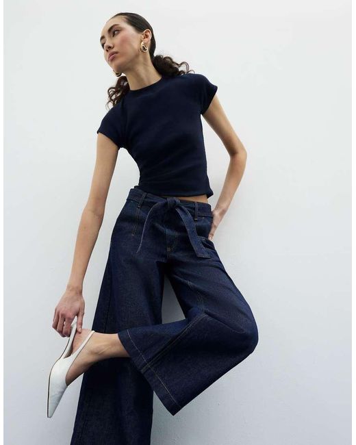 River Island Blue Denim Belted Wide Leg Cropped Jeans