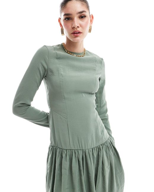 ASOS Green Dropped Waist Maxi Dress With Long Sleeves