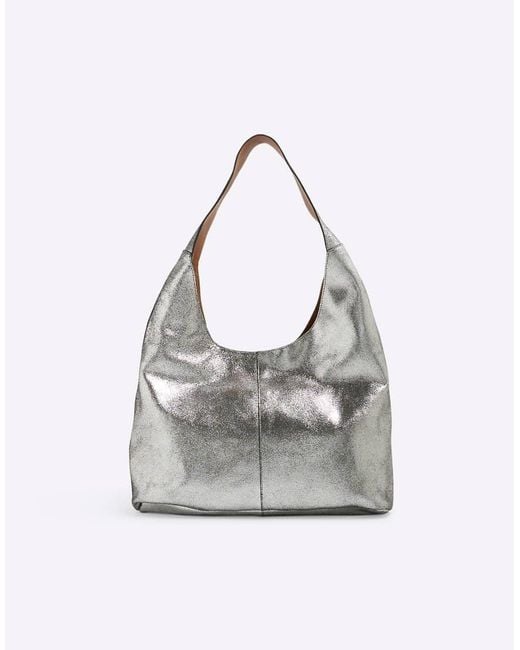 River Island Gray Leather Metallic Slouch Bag