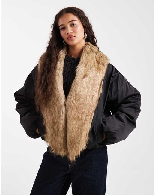 Miss Selfridge Black Faux Fur Extreme Collar Crop Puffer