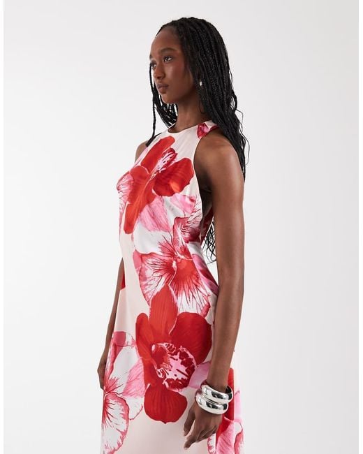 Vero Moda Red Sleeveless Open Back Satin Midi Dress With Overblown Floral Print
