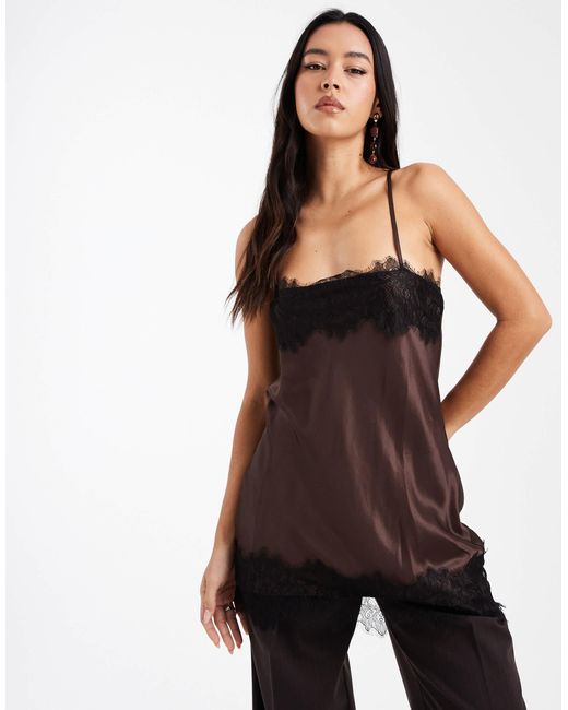 ASOS Satin Cowl Back Lace Trim Cami Top in Black | Lyst