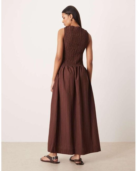 ASOS Brown Crinkle Scoop Neck Maxi Sundress With Shirred Waist
