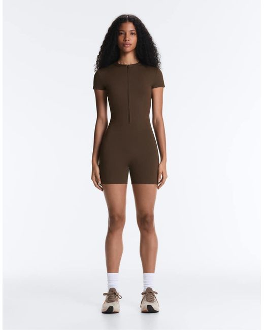 Oysho Brown Comfortlux Short Zip Jumpsuit
