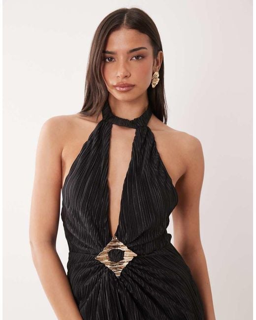ASOS Natural Plisse Halter Neck Maxi Dress With Trim Detail