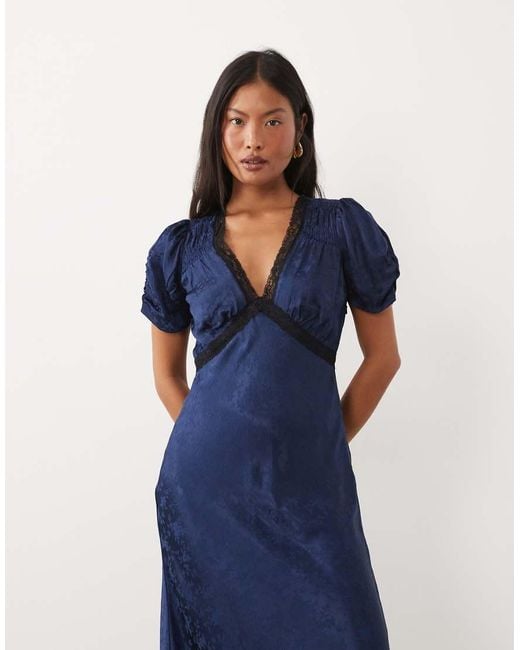 Nobody's Child Petite Blue Nicolette Satin Jacquard Lace-detail Plunge Neck Cap Sleeve Midi Dress