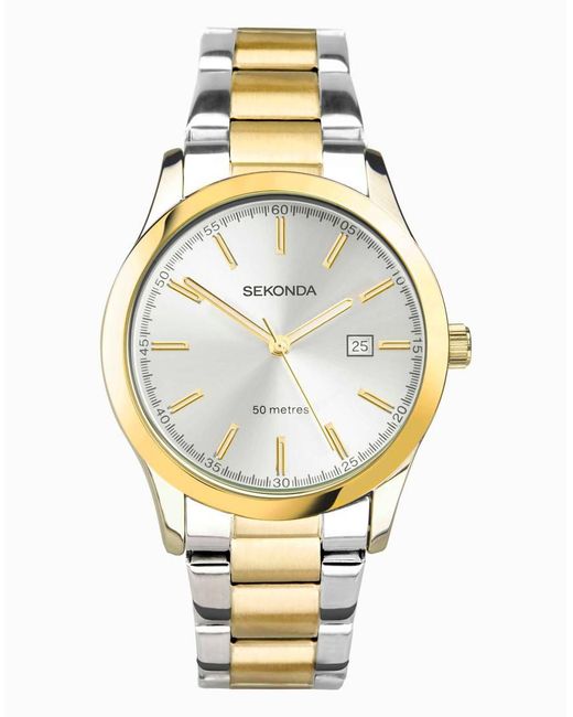 Sekonda Metallic Taylor 34Mm Analogue Watch With Two Tone Alloy Round Case, Two Tone Stainless Steel Bracelet And Dial
