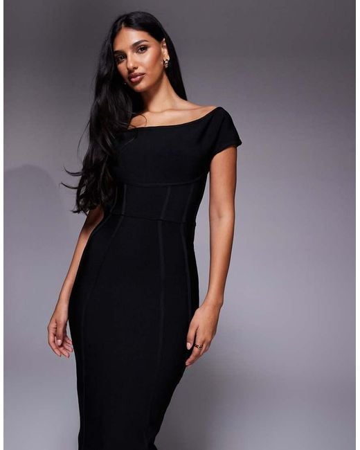 Kaiia Black Exclusive Premium Sculpting Bandage Bodycon Bardot Maxi Dress