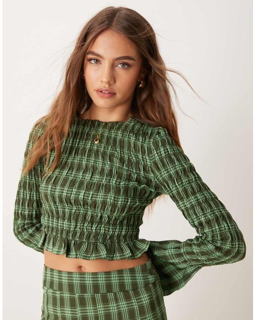 Glamorous Green Crop Shirred Top
