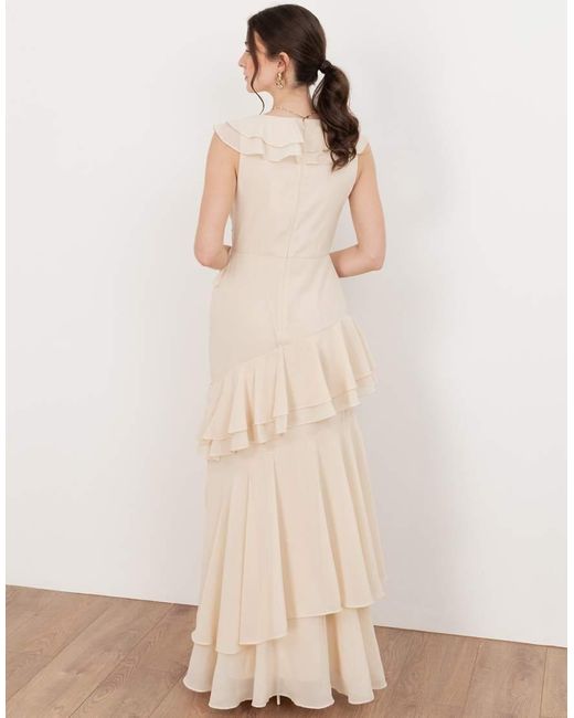 Maya Natural Embellished Asymmetric Ruffle Maxi Dress