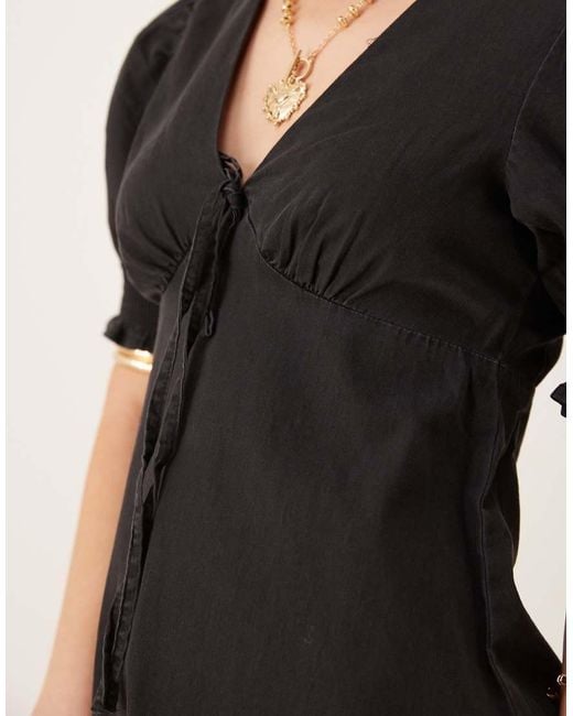 ASOS Black Soft Denim Puff Sleeve Mini Dress With Frill Detail