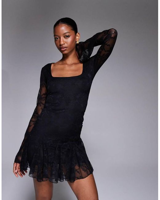 Kaiia Black Exclusive Double Layered Slinky Lace Square Neck Godet Hem Detail Mini Dress