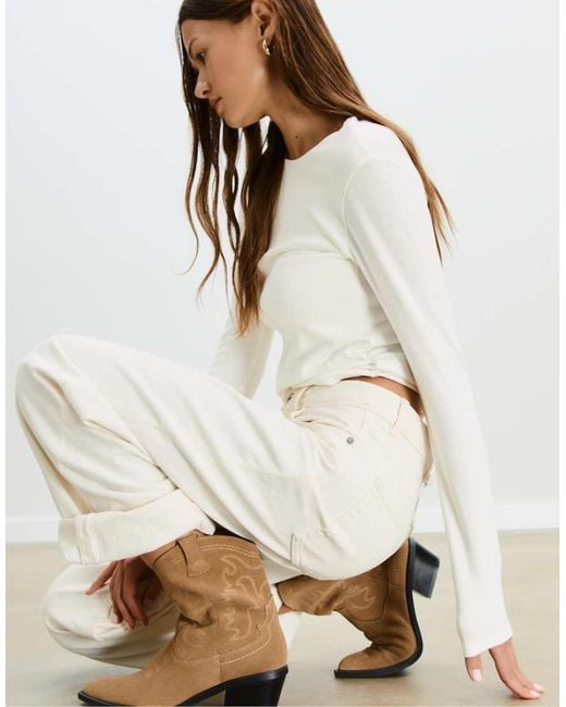 Stradivarius Natural Split Leather Cowboy Ankle Boots