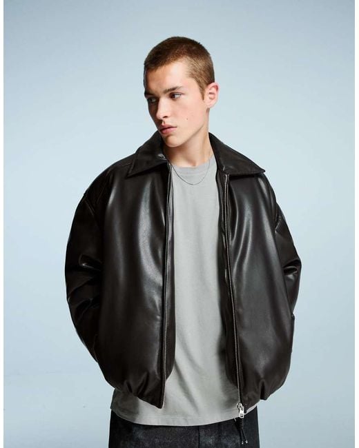 Bershka Gray Faux Leather Puffer Jacket for men