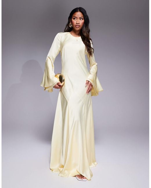 ASOS White Long Sleeve Satin Maxi Dress With Full Skirt And Godet