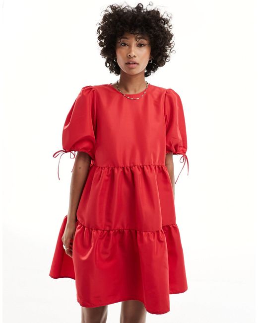 Monki Red Short Sleeve Mini Tie Dress With Bow Detail