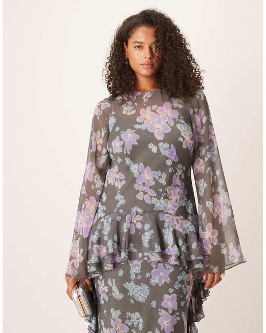 ASOS Gray Asos Design Curve Long Sleeve Frill Hem Chiffon Maxi Dress