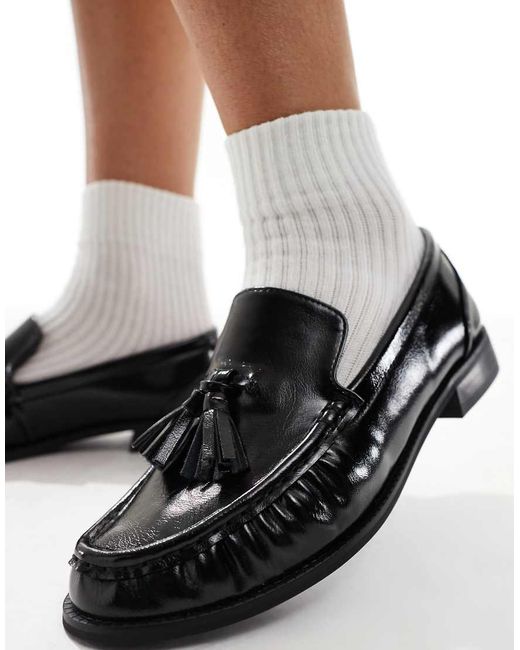 London Rebel Black Sadie Ruched Detailing Tassel Loafers