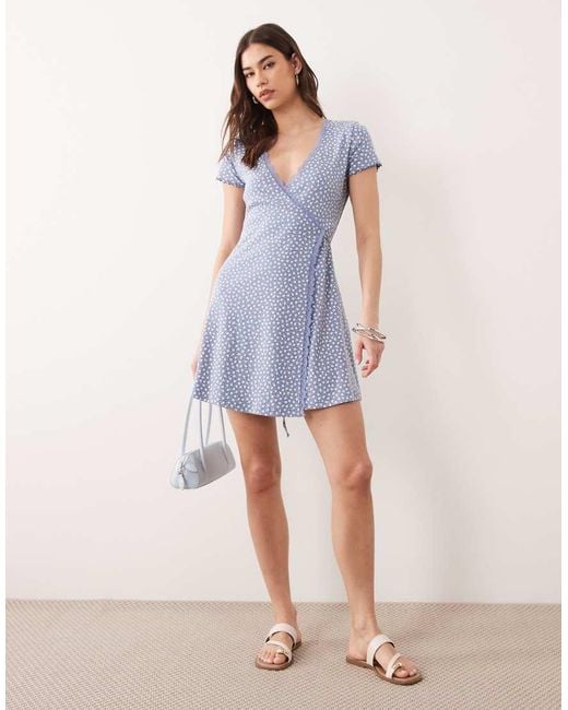 Miss Selfridge Blue Ditsy Print Pointelle Lace Trim Wrap Dress