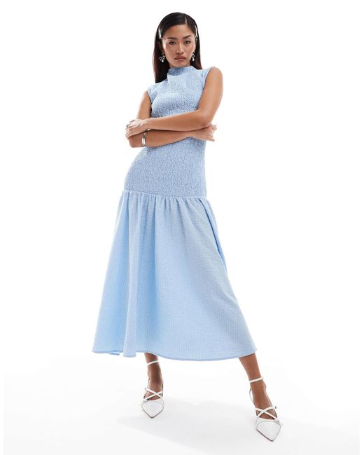 Ghospell Blue Shirred Drop Hem Midi Dress