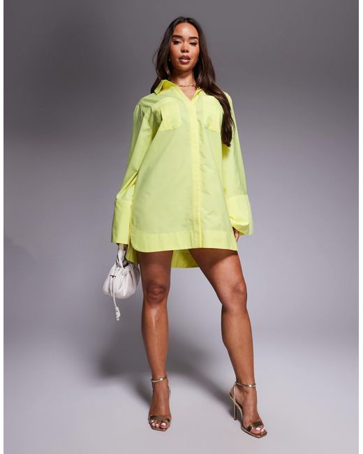 Robe chemise courte à rayures avec revers larges et poches oversize - jaune vif ASOS en coloris Yellow