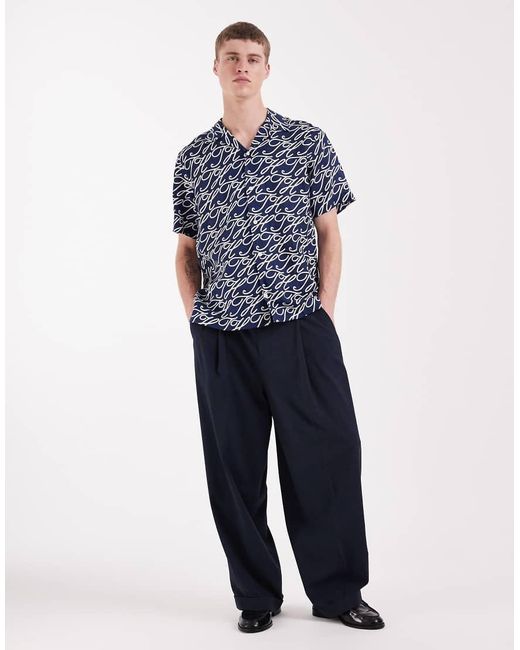 Tommy Hilfiger Blue Linen Camp Collar Short Sleeve Shirt for men