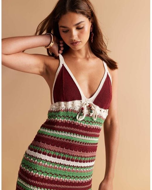 ASOS Natural Crochet Knit Maxi Dress With Beaded Tie