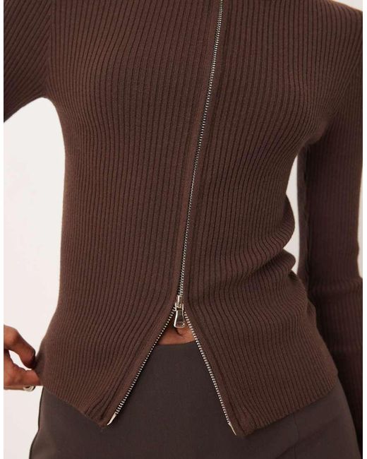 Motel Brown Liano Ribbed Long Sleeve Zip Up Cardigan