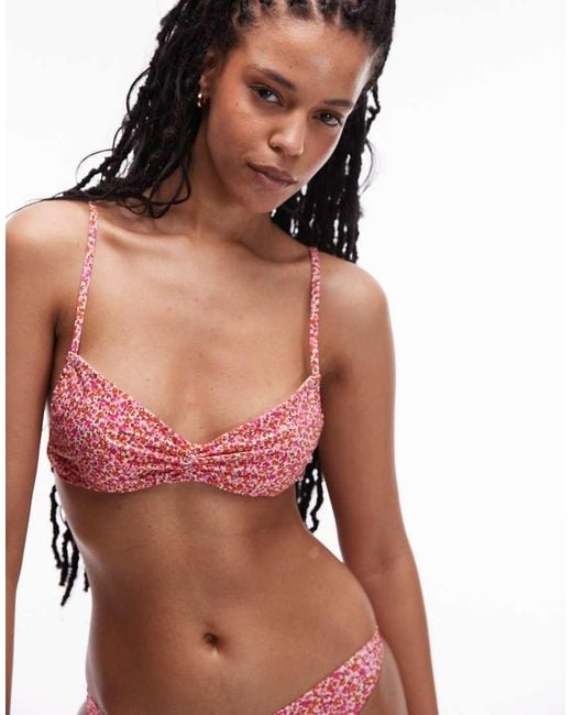 & Other Stories Red Twist Knot Micro Bandeau Bikini Top With Halter Straps And Removeable Padding