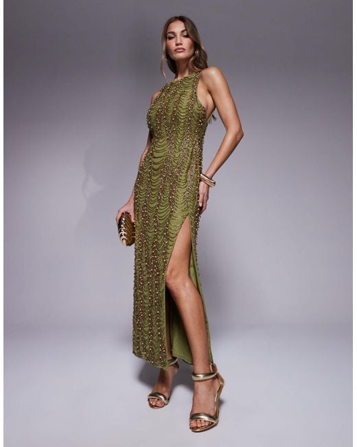 ASOS Drape Beaded Split Side Maxi Dress With Open Back in Green | Lyst