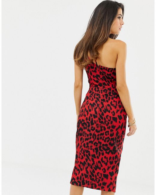 lavish alice one shoulder midi wrap dress in leopard print