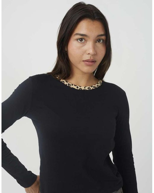 Brave Soul Blue Long Sleeve Contrast Print Neck Detail Top