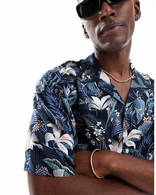 Jack & Jones Blue Revere Collar Tropical Print Short Sleeve Shirt for men
