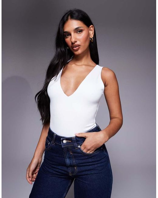 GOOD AMERICAN Blue Sculpting V Neck Bodysuit