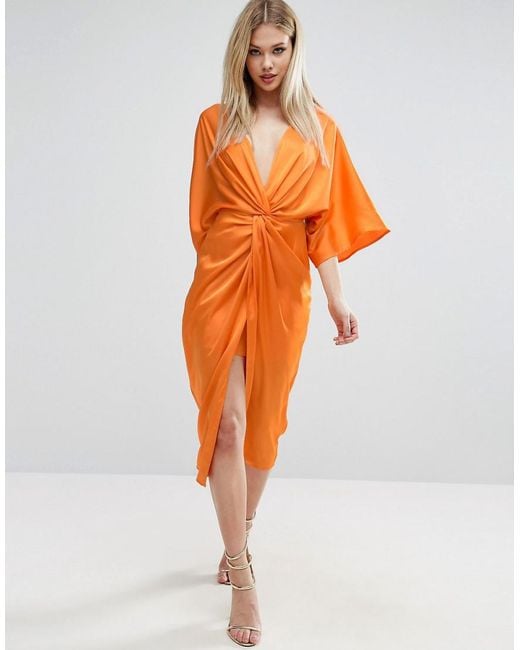 ASOS Orange Kimono Twist Front Midi Dress