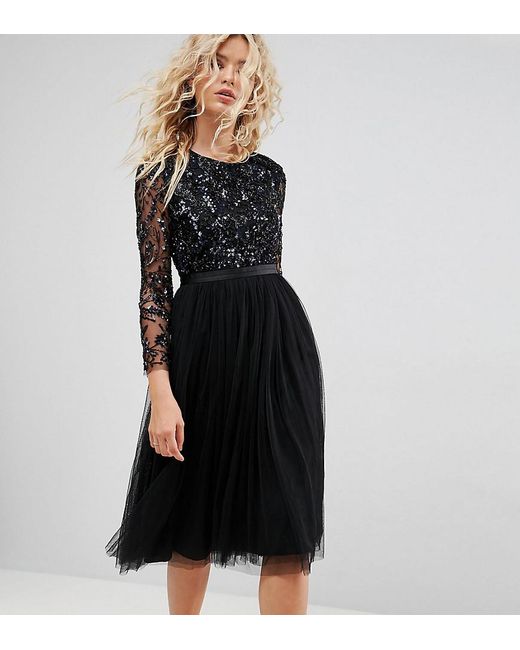 Needle & Thread Black Embellished Midi Dress With Long Sleeves