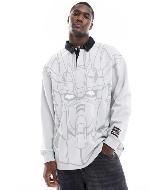 Levi's Gray X Gundam Collab Robolution Print Boxy Fit Denim Collar Long Sleeve Rugby Polo for men