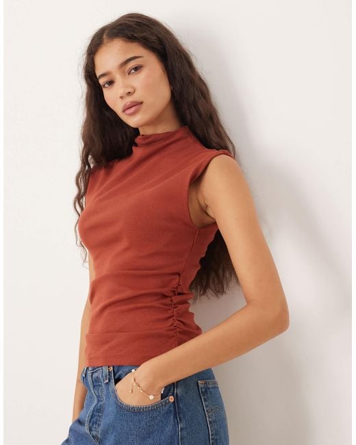 Mango Orange Cotton Mix High Neck Cap Sleeve Top