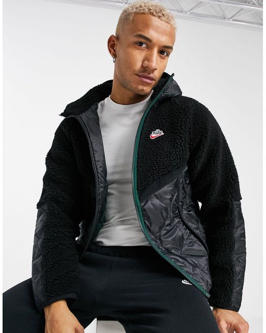 Nike Black Heritage Essentials Winter Fleece Panelled Zip-through Hooded Jacket for men
